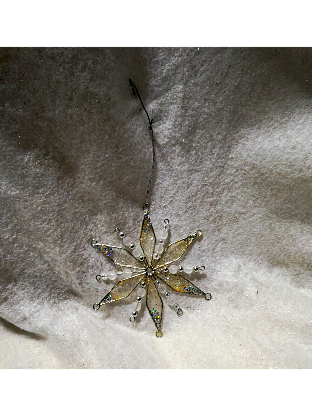 Silver/White Christmas Star Hanging Ornament, Beaded Glitter, Metal/Plastic, 1